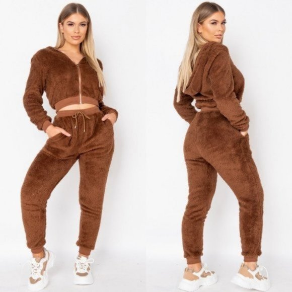 Tops - Brown Teddy Bear Fur Long Sleeve Hooded Crop Top and Jogger Pants Two Piece Set